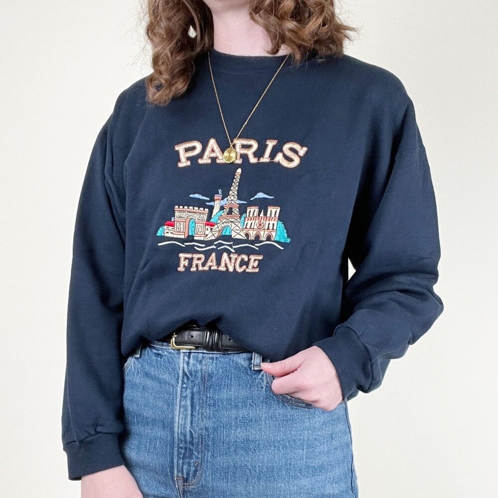 Vintage 90s Paris France Souvenir Tourist Sweatshirt Oversized Embroidered 1990s - Picture 2 of 9